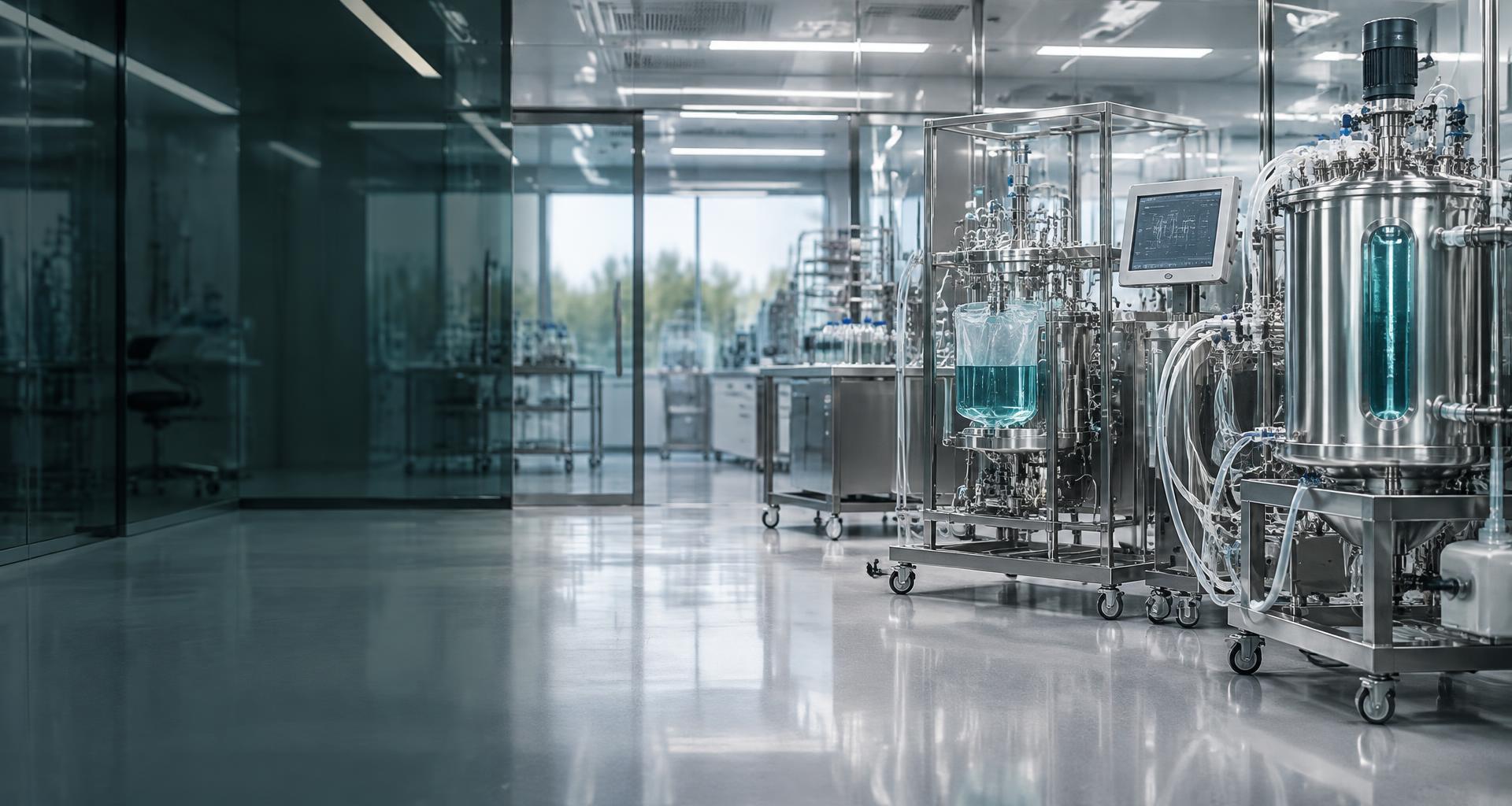 Precision small-batch bioreactor equipment in a modern biotech cleanroom